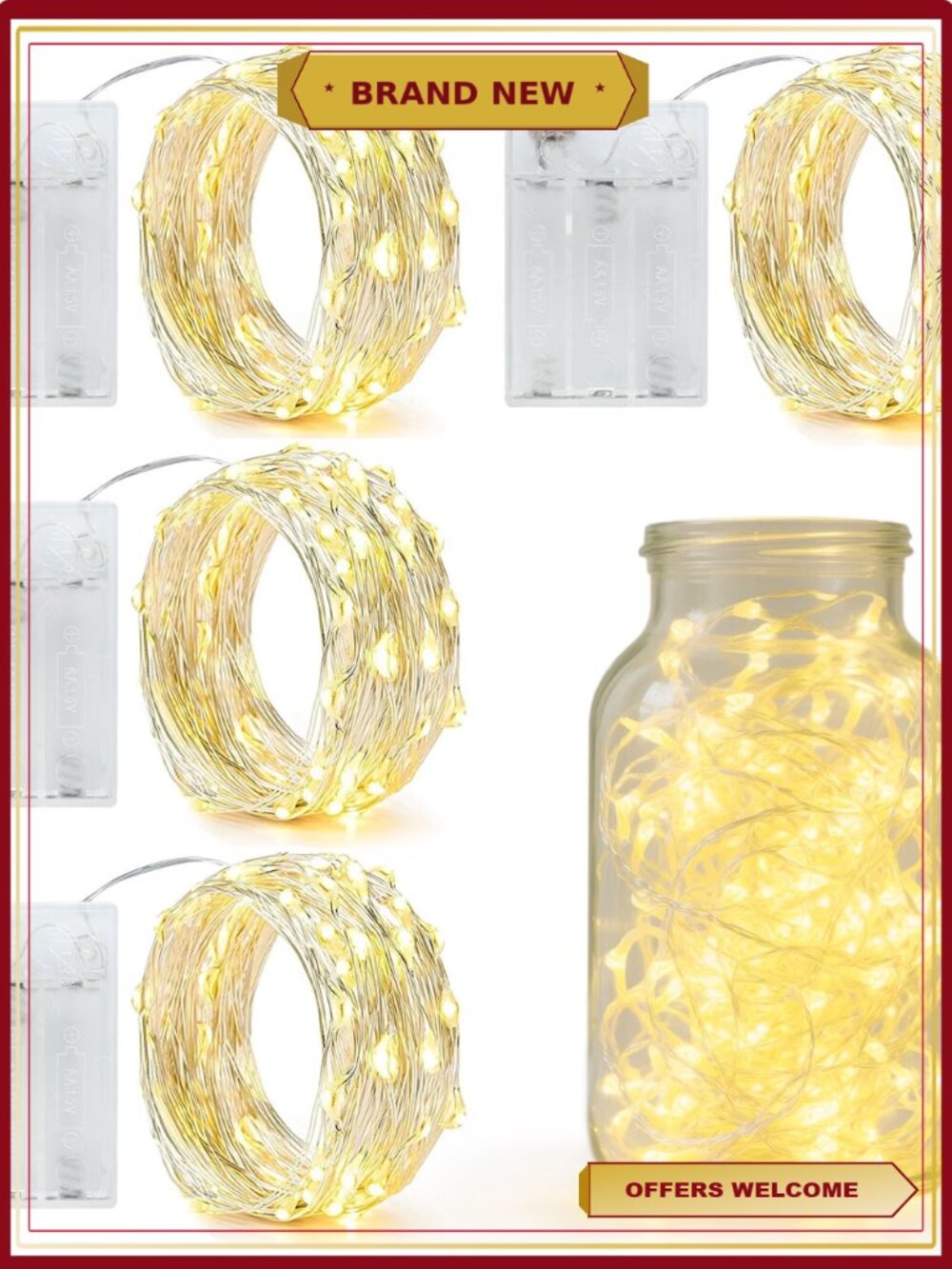 4 Pack 20 Ft 50 LED Fairy Lights Battery Operated Silver Wire Waterproof